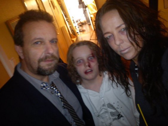 I trashed the kid up pretty badly with makeup/SFX. Photo taken with mobile camera-- this is from the day before- Peter Petterson, Inca Whyte and Annika Granberg