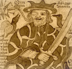 Odin med sina korpar Hugin och Munin från Isländskt 1700 tals manuskript. Árni Magnússon Institute, Island.