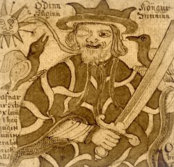 The old Norse God Odin with his ravens Hugin and Munin from an Icelandic 18th century manuscript. Árni Magnússon Institute, Iceland.