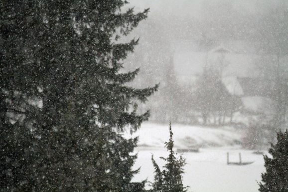 Bilden tog jag nyss...min närmaste grannes hustak syns knappt i snön...hemma nu?? en nackspärr får även en i övrigt  rastlös individ att hålla sig jä...lugn