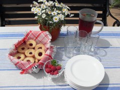 och bjuder familjen på nybakade hallongrottor.