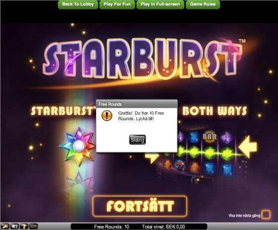 10 free spins på Starburst hos CasinoLuck!
