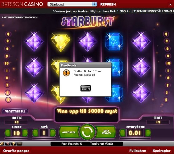 Free spins gratis på spelet Starburst hos Betsson idag.