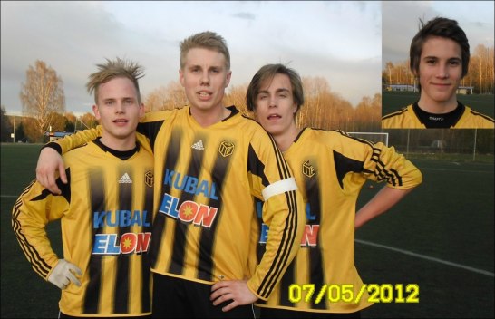 Det unga Kubengängets målskyttar i 5-2-matchen mot Selånger. Fr v Victor Nåvik, Emil Norrman, Ludwig Engström. I högra hörnet Johan Skog som stod för tre målpass. Foto: Roger "Flyfot" Norrman