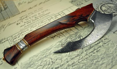 The Horizon -  Tenth Anniversary axe in Damasteel, Bronze and Ironwood.